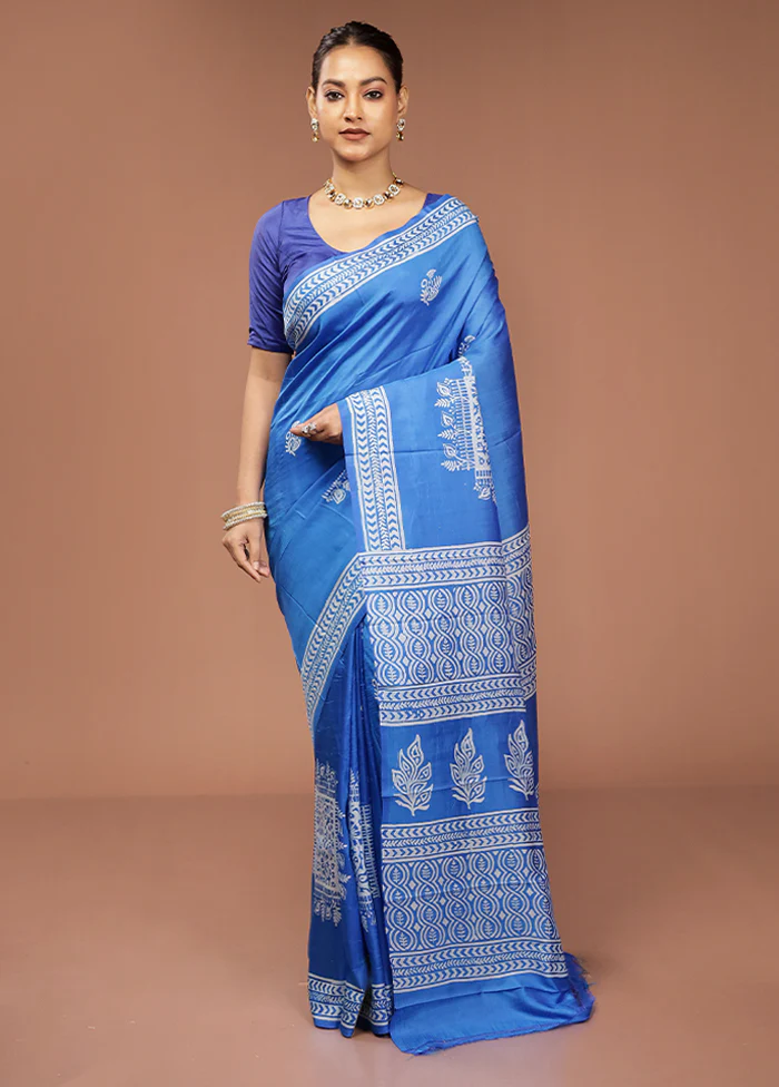 Blue Printed Pure Silk Saree Without Blouse Piece - Image 2