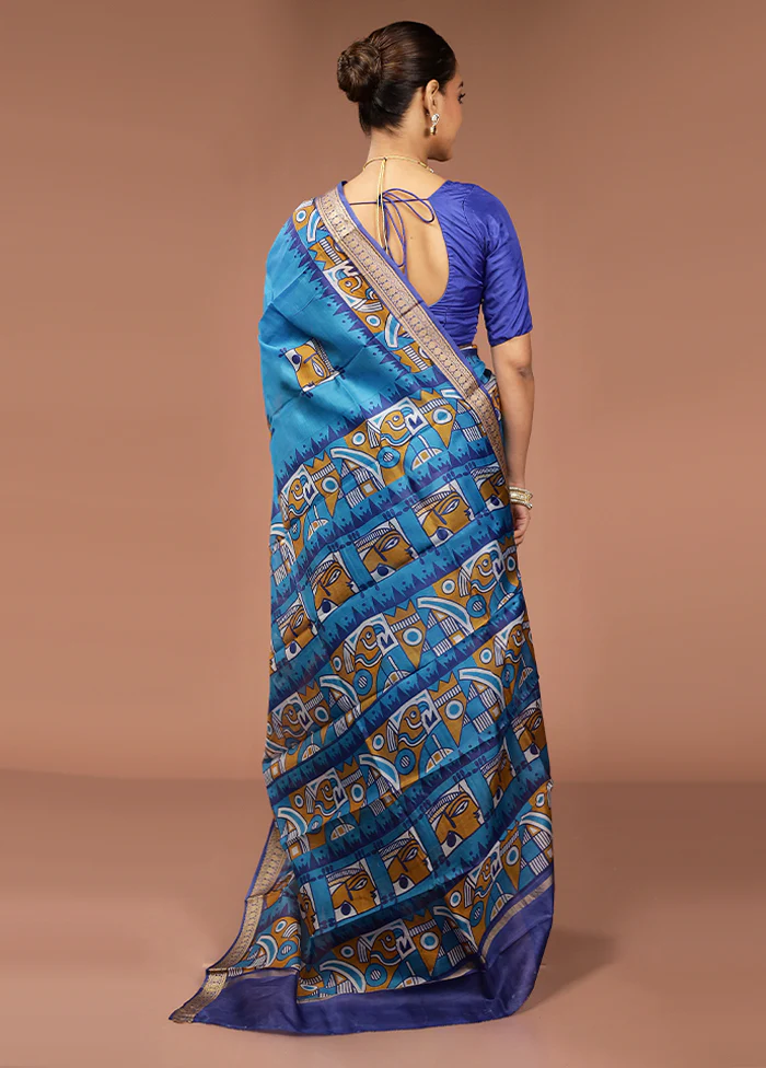 Blue Printed Pure Silk Saree Without Blouse Piece - Image 3