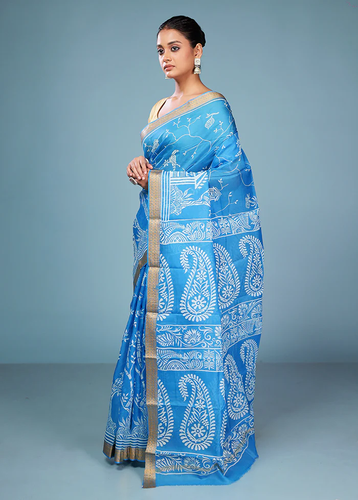 Blue Printed Pure Silk Saree Without Blouse Piece - Image 4