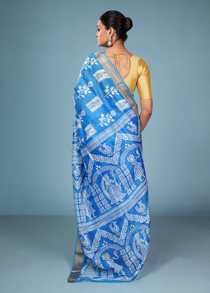 Blue Printed Pure Silk Saree Without Blouse Piece - Image 3