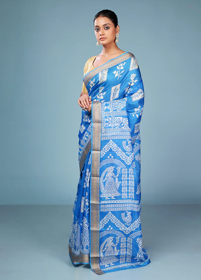 Blue Printed Pure Silk Saree Without Blouse Piece - Image 4