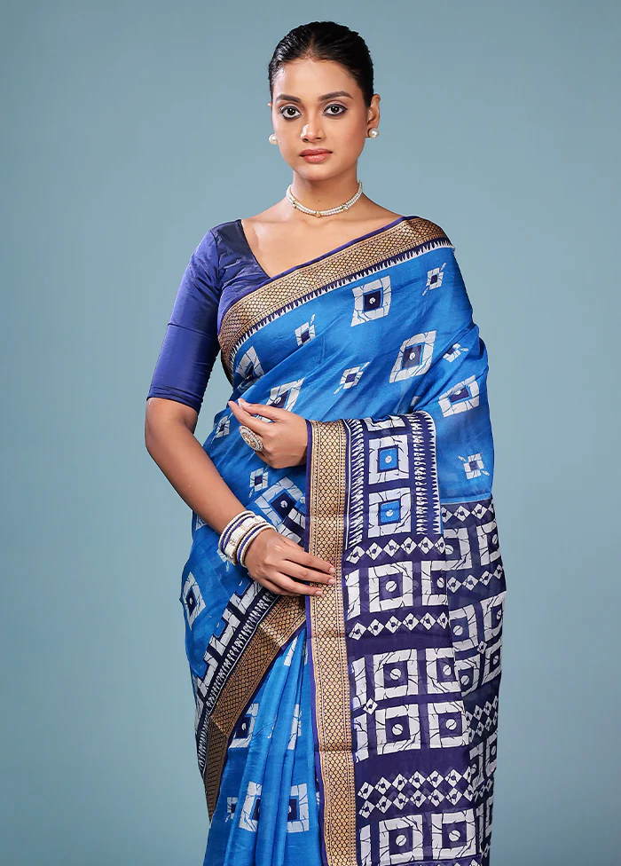Blue Printed Pure Silk Saree Without Blouse Piece