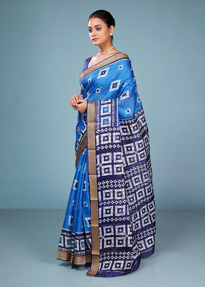Blue Printed Pure Silk Saree Without Blouse Piece - Image 4