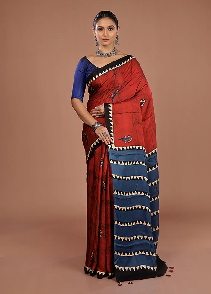 Blue Printed Pure Silk Saree Without Blouse Piece - Image 2