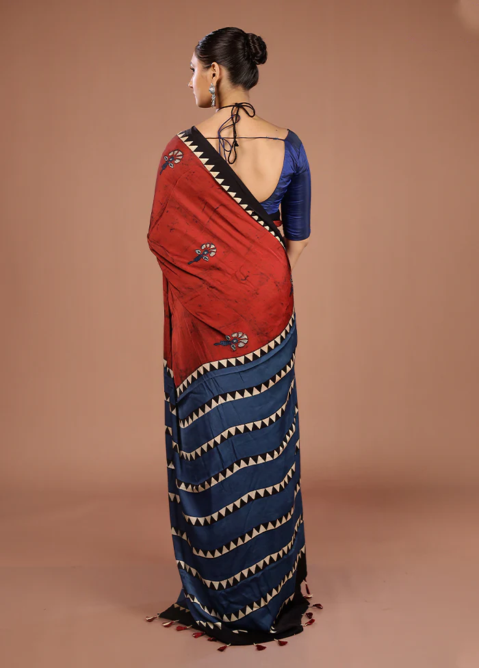 Blue Printed Pure Silk Saree Without Blouse Piece - Image 3