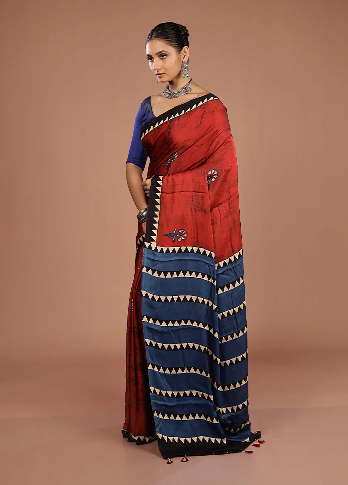 Blue Printed Pure Silk Saree Without Blouse Piece - Image 4