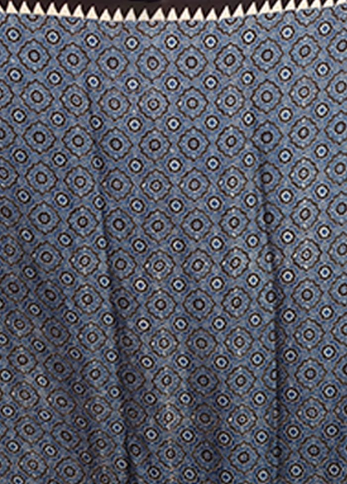 Blue Printed Pure Silk Saree Without Blouse Piece - Image 5