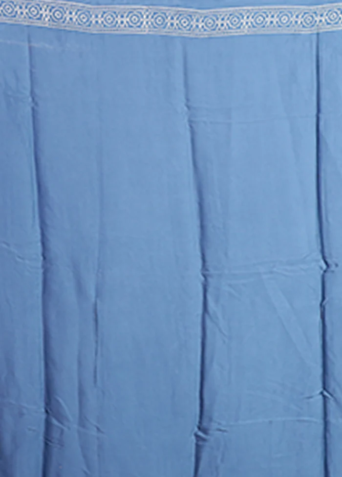 Blue Printed Pure Silk Saree Without Blouse Piece - Image 5