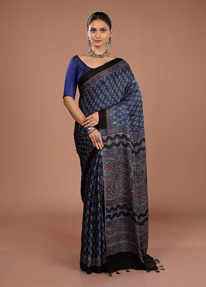 Blue Printed Pure Silk Saree Without Blouse Piece - Image 2