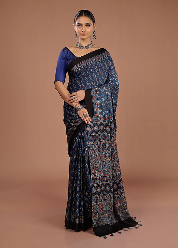Blue Printed Pure Silk Saree Without Blouse Piece - Image 2