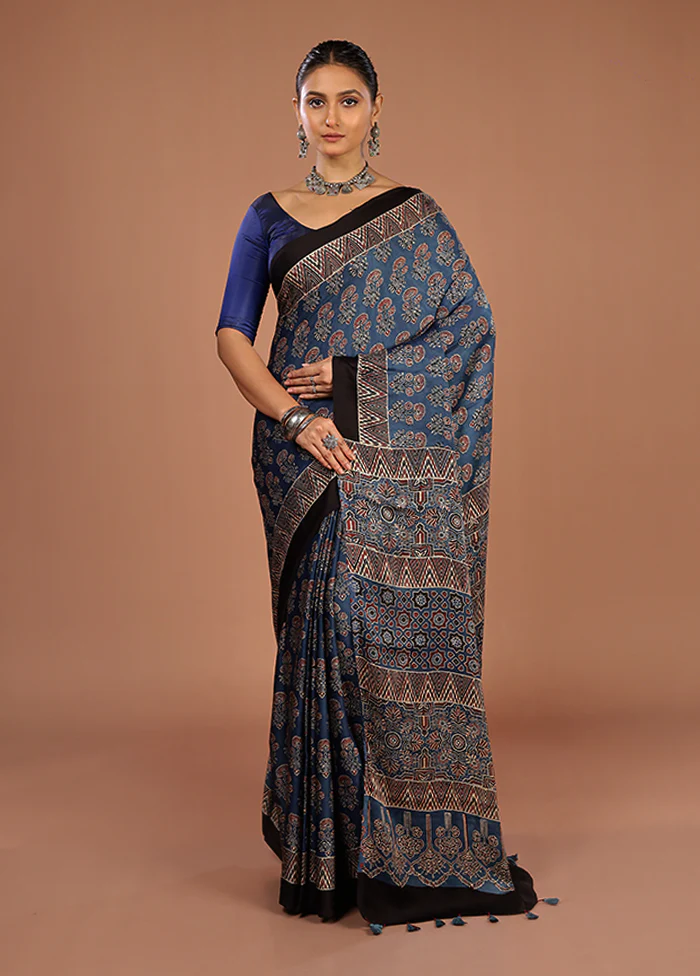 Blue Printed Pure Silk Saree Without Blouse Piece - Image 2