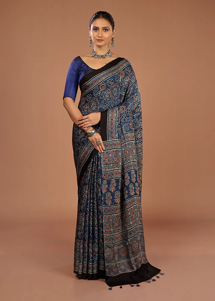 Blue Printed Pure Silk Saree Without Blouse Piece - Image 2