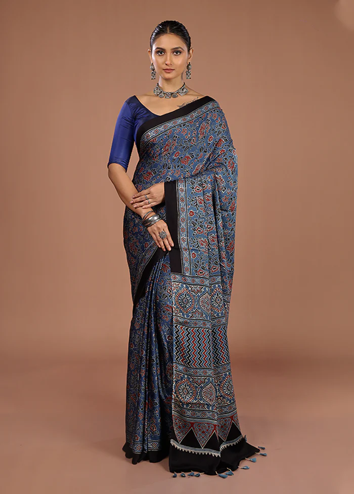 Blue Printed Pure Silk Saree Without Blouse Piece - Image 2