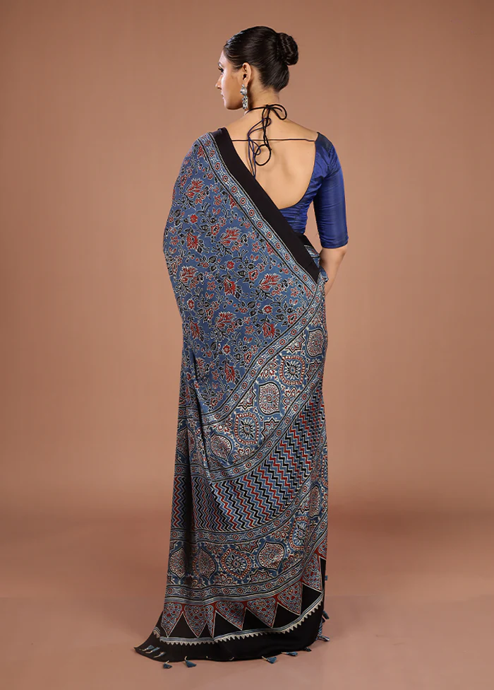 Blue Printed Pure Silk Saree Without Blouse Piece - Image 3