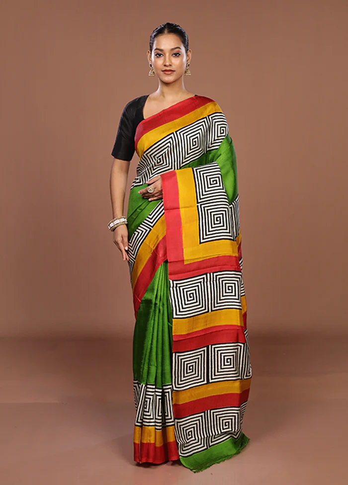 Green Printed Pure Silk Saree Without Blouse Piece - Image 2