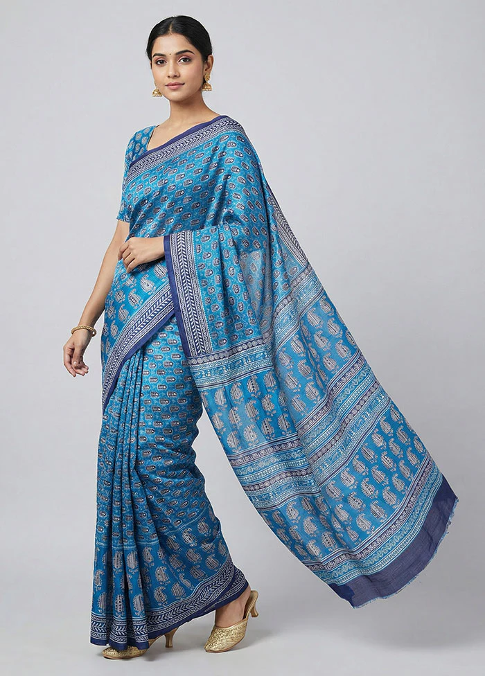 Blue Printed Pure Silk Saree Without Blouse Piece