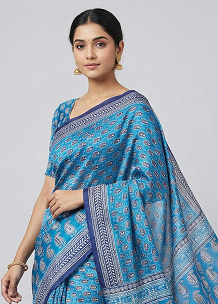 Blue Printed Pure Silk Saree Without Blouse Piece - Image 2