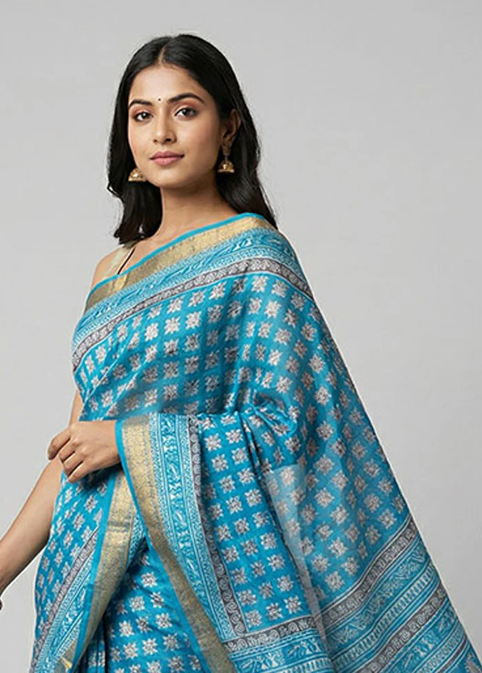 Blue Printed Silk Saree Without Blouse Piece - Image 2