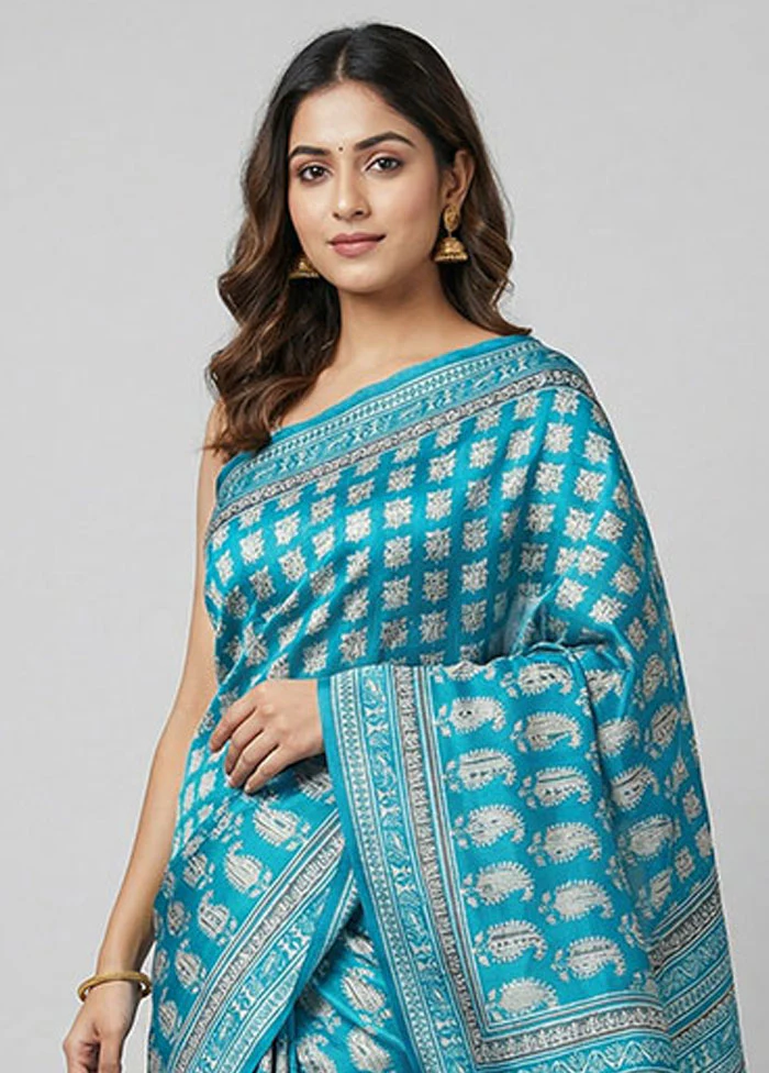 Blue Printed Pure Silk Saree Without Blouse Piece - Image 2