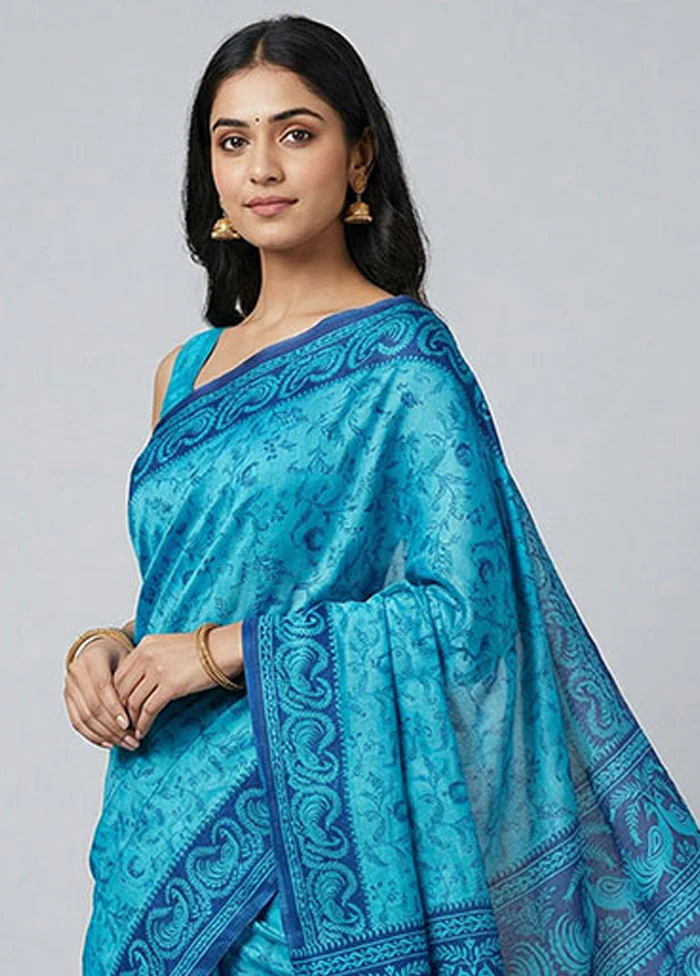 Blue Printed Silk Saree Without Blouse Piece - Image 2