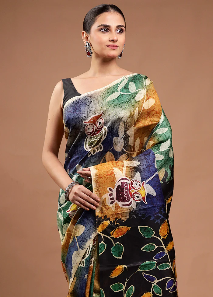 Blue Printed Pure Silk Saree Without Blouse Piece - Image 2
