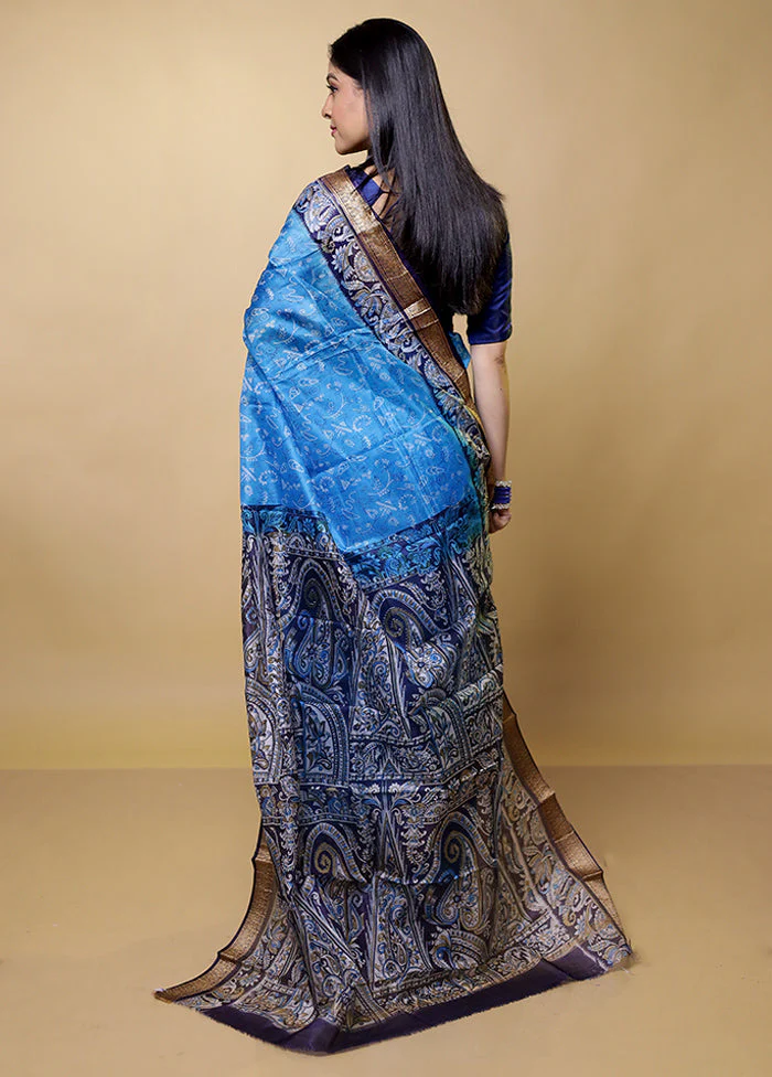 Blue Printed Pure Silk Saree Without Blouse Piece - Image 3