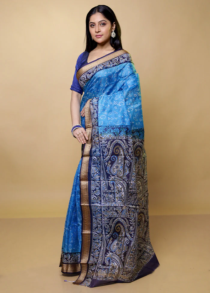 Blue Printed Pure Silk Saree Without Blouse Piece - Image 4