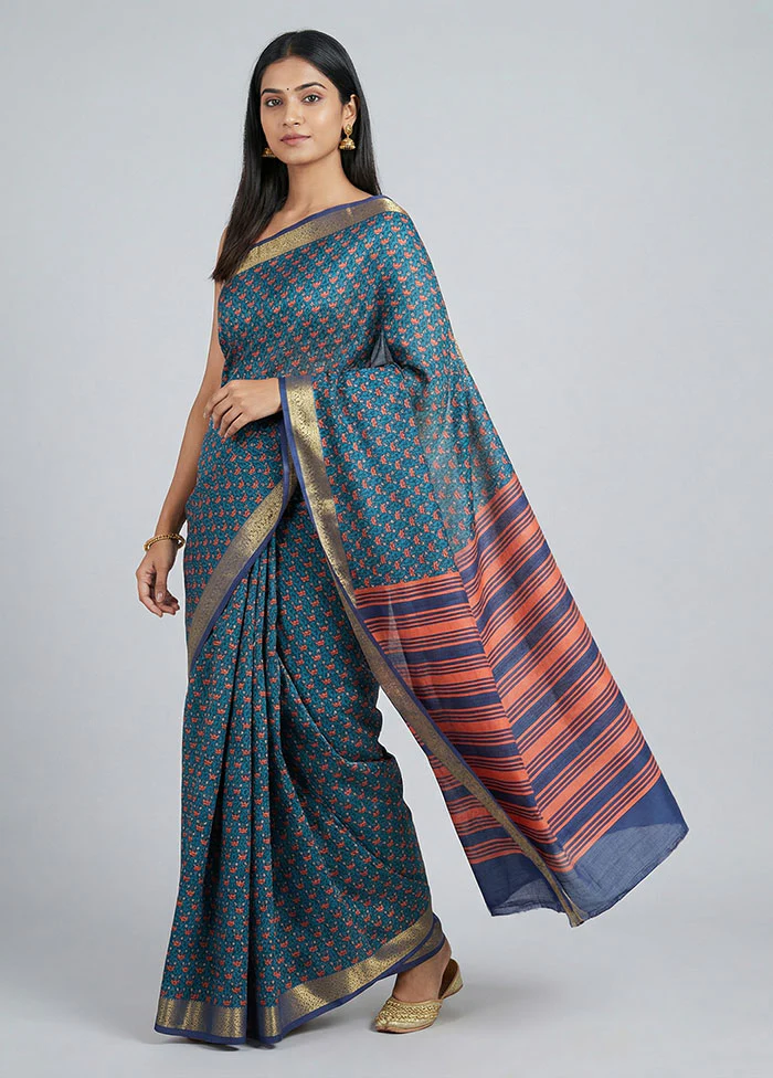 Blue Printed Pure Silk Saree Without Blouse Piece