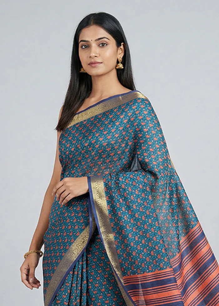 Blue Printed Pure Silk Saree Without Blouse Piece - Image 2