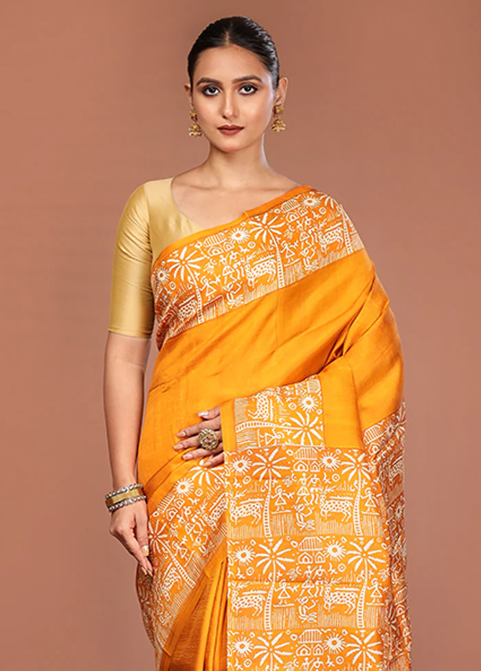 Blue Printed Silk Saree Without Blouse Piece