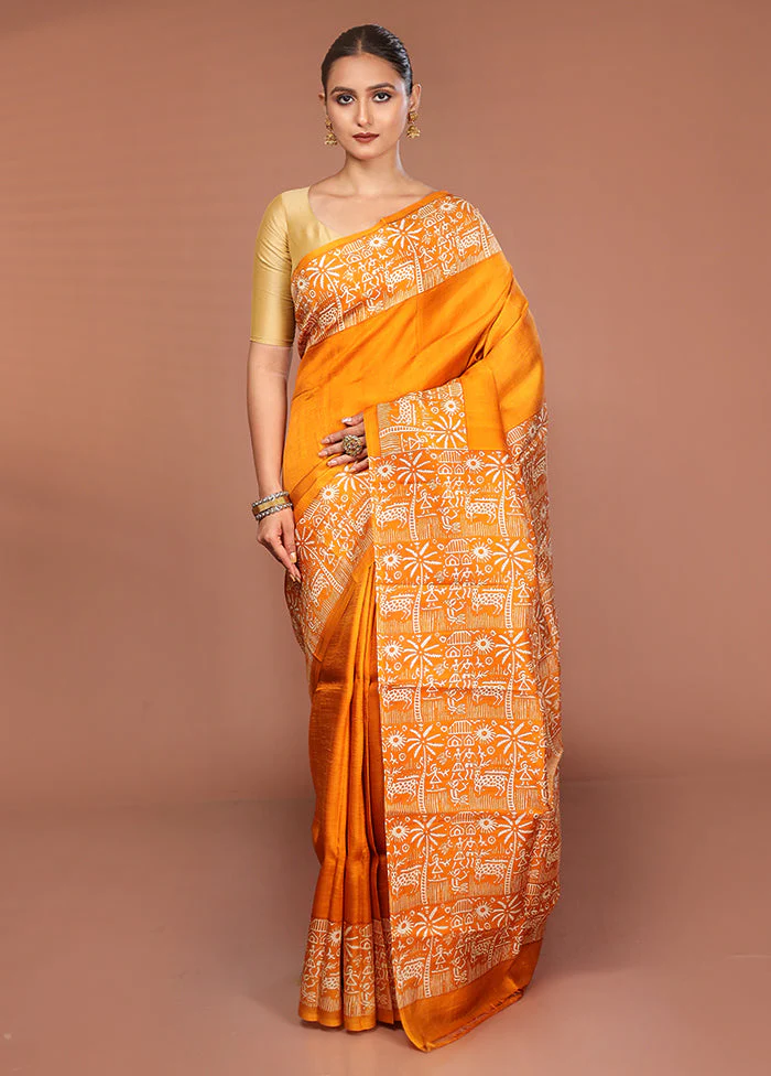 Blue Printed Silk Saree Without Blouse Piece - Image 2