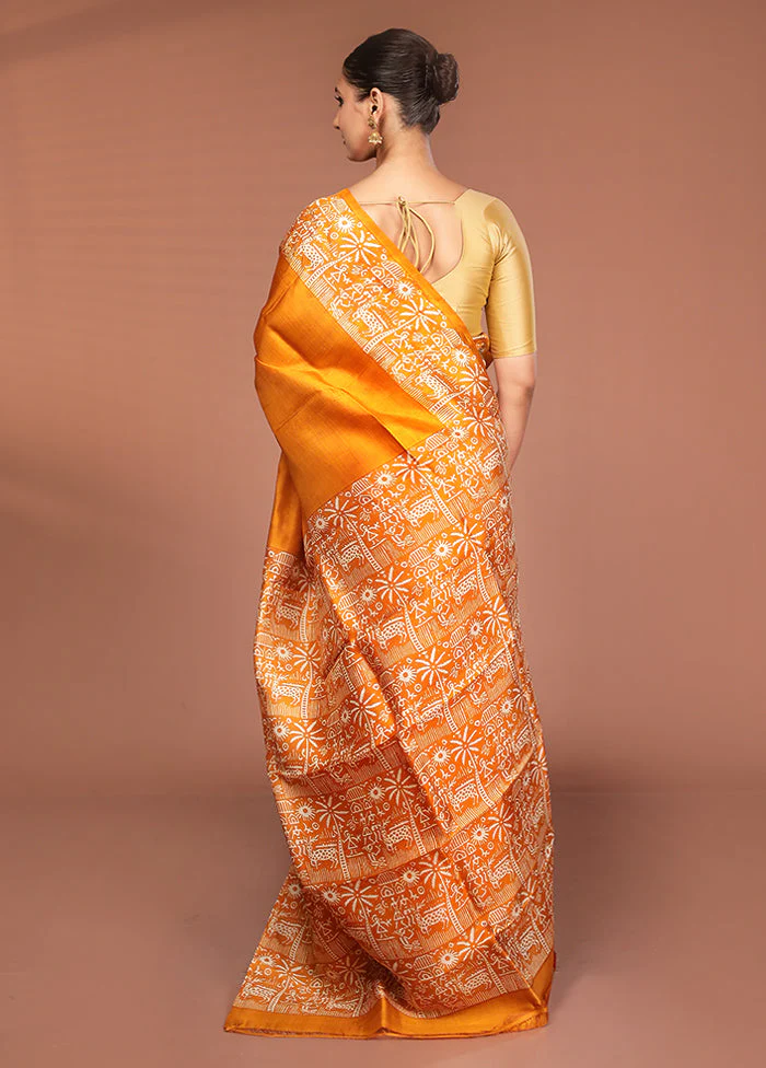 Blue Printed Silk Saree Without Blouse Piece - Image 3