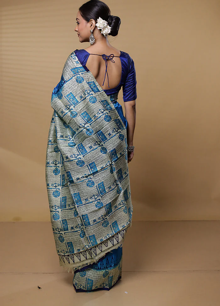 Blue Printed Pure Silk Saree Without Blouse Piece - Image 3