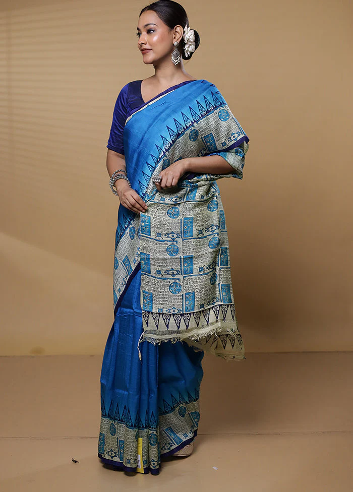 Blue Printed Pure Silk Saree Without Blouse Piece - Image 4