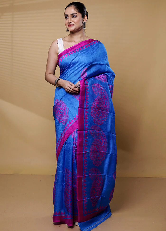 Blue Printed Pure Silk Saree Without Blouse Piece - Image 2