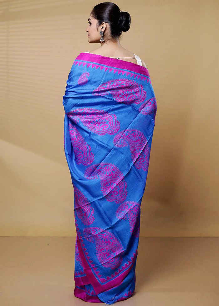 Blue Printed Pure Silk Saree Without Blouse Piece - Image 3