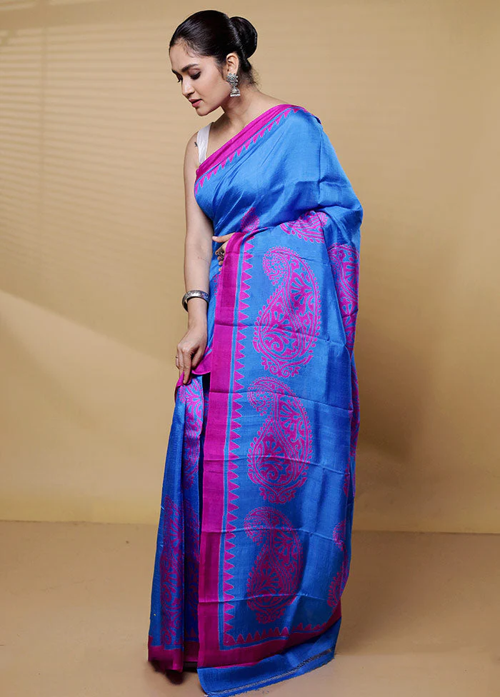 Blue Printed Pure Silk Saree Without Blouse Piece - Image 4
