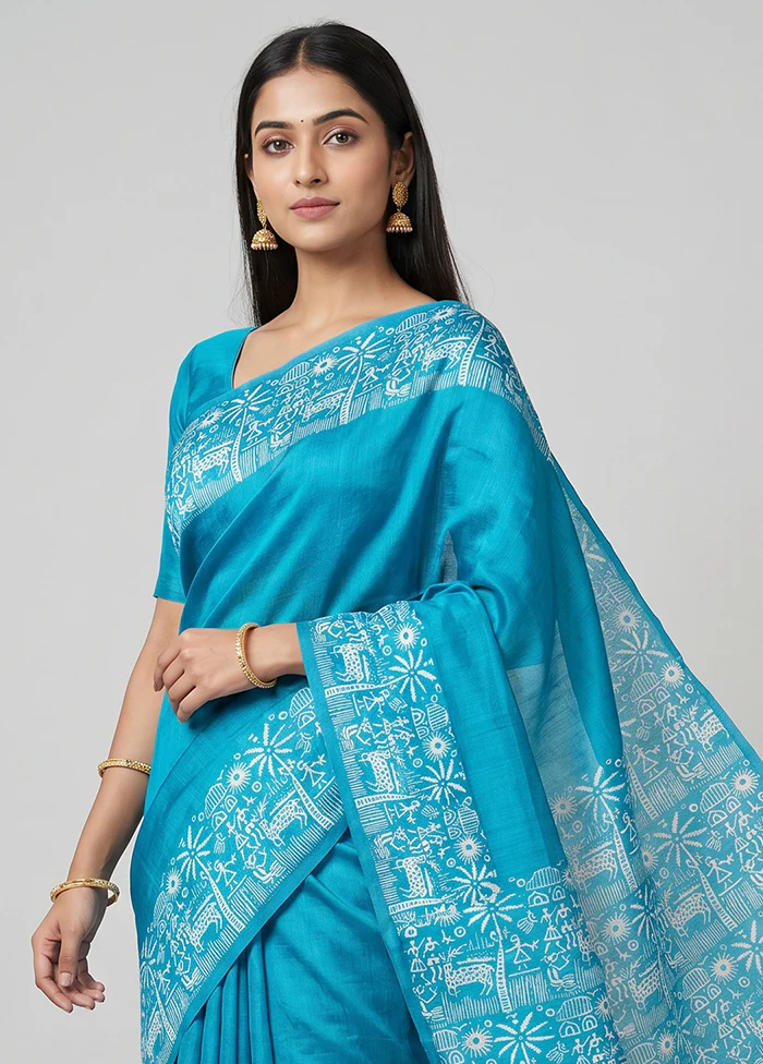 Blue Printed Silk Saree Without Blouse Piece - Image 2