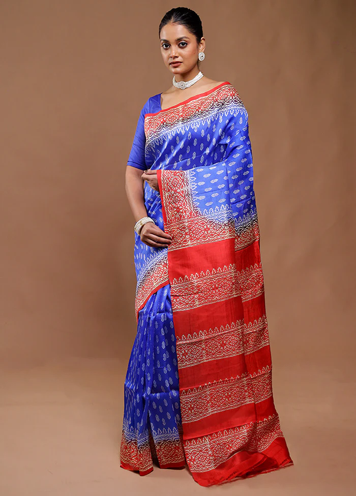 Blue Printed Pure Silk Saree Without Blouse Piece