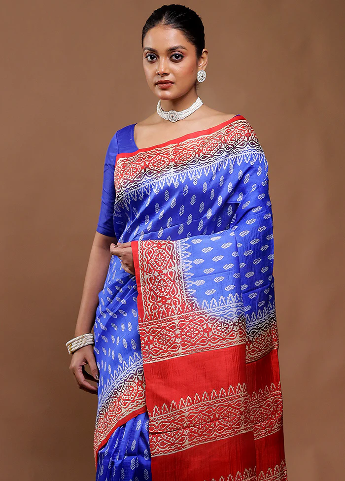 Blue Printed Pure Silk Saree Without Blouse Piece - Image 2