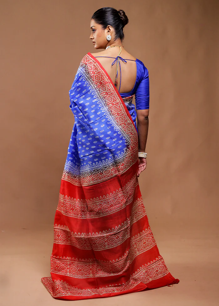 Blue Printed Pure Silk Saree Without Blouse Piece - Image 3