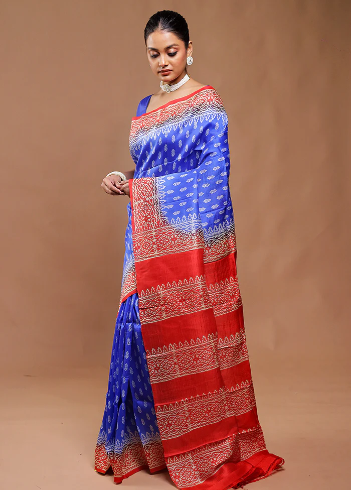 Blue Printed Pure Silk Saree Without Blouse Piece - Image 4