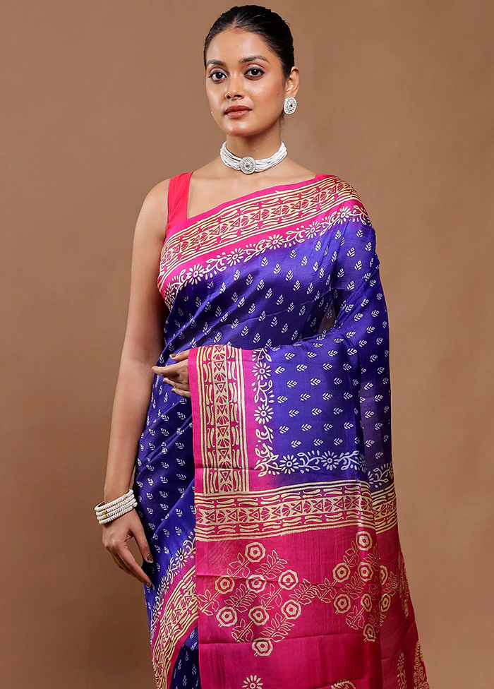 Blue Printed Pure Silk Saree Without Blouse Piece - Image 2