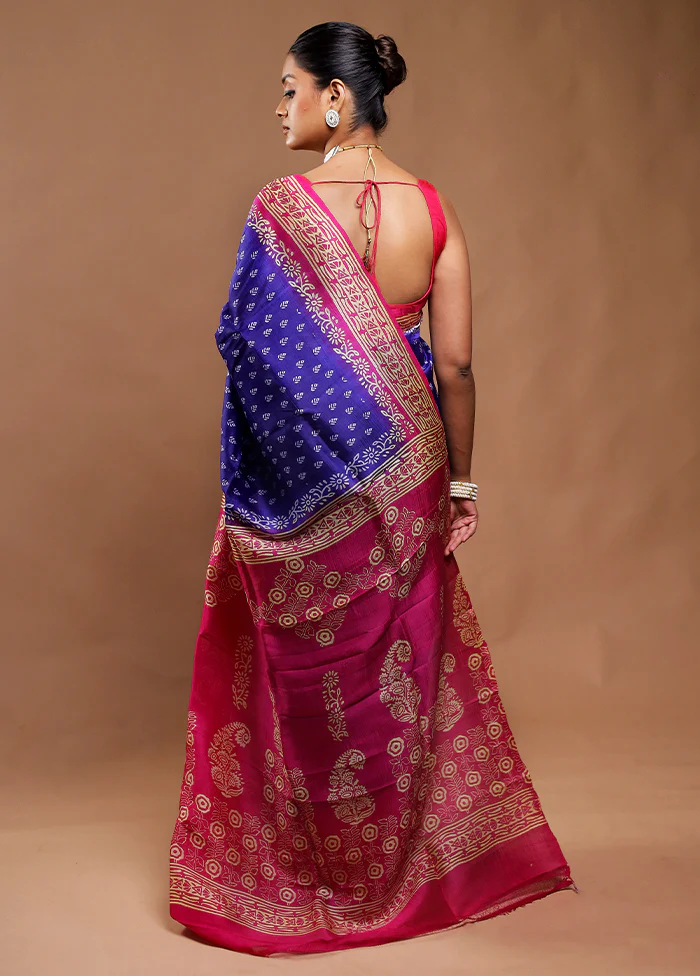 Blue Printed Pure Silk Saree Without Blouse Piece - Image 3