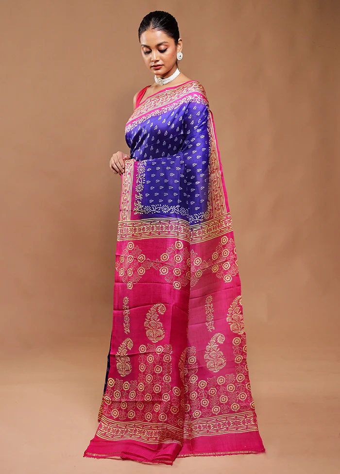 Blue Printed Pure Silk Saree Without Blouse Piece - Image 4