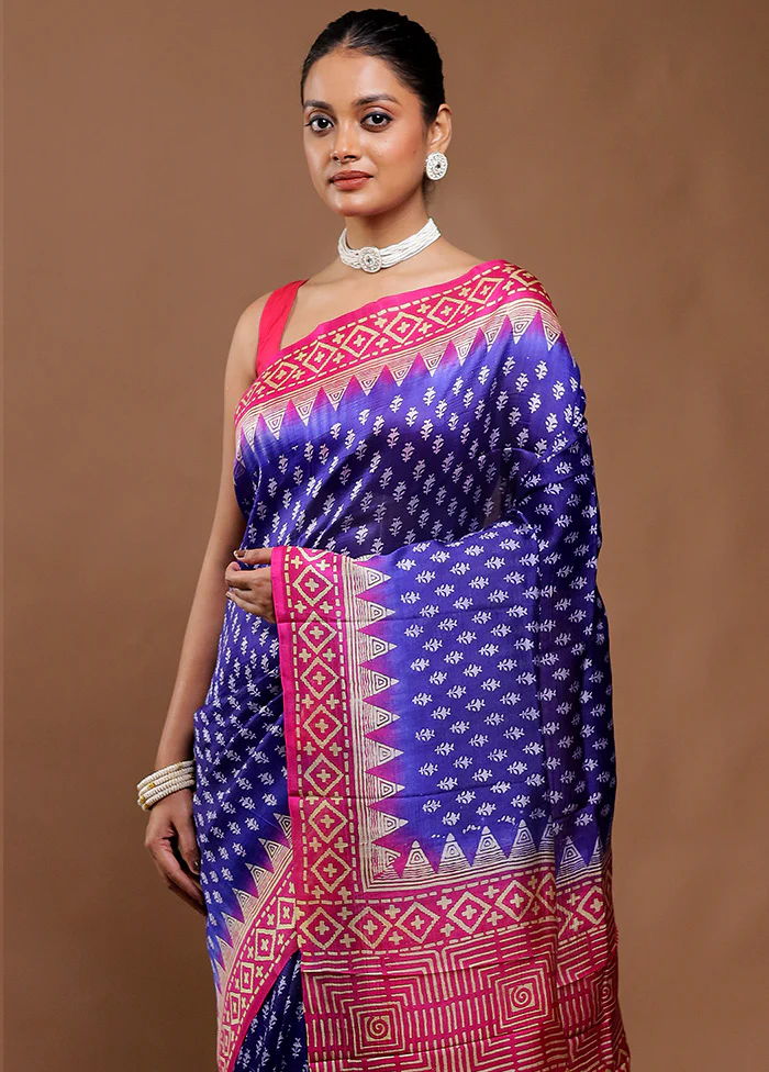 Blue Printed Silk Saree Without Blouse Piece - Image 2