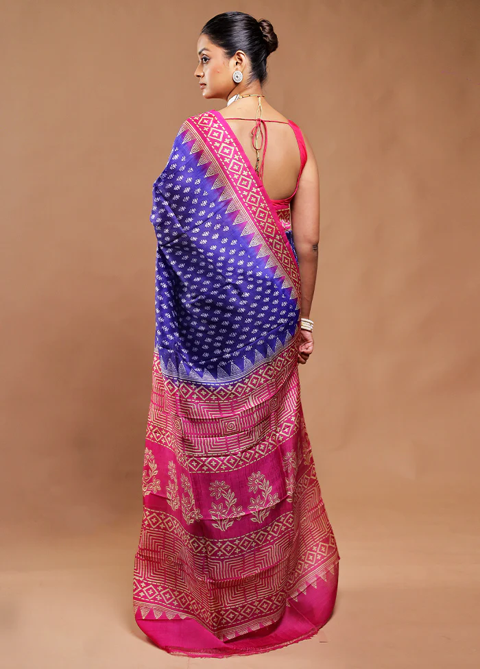 Blue Printed Silk Saree Without Blouse Piece - Image 3
