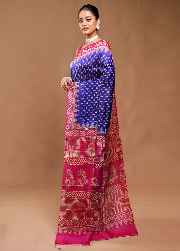 Blue Printed Silk Saree Without Blouse Piece - Image 4