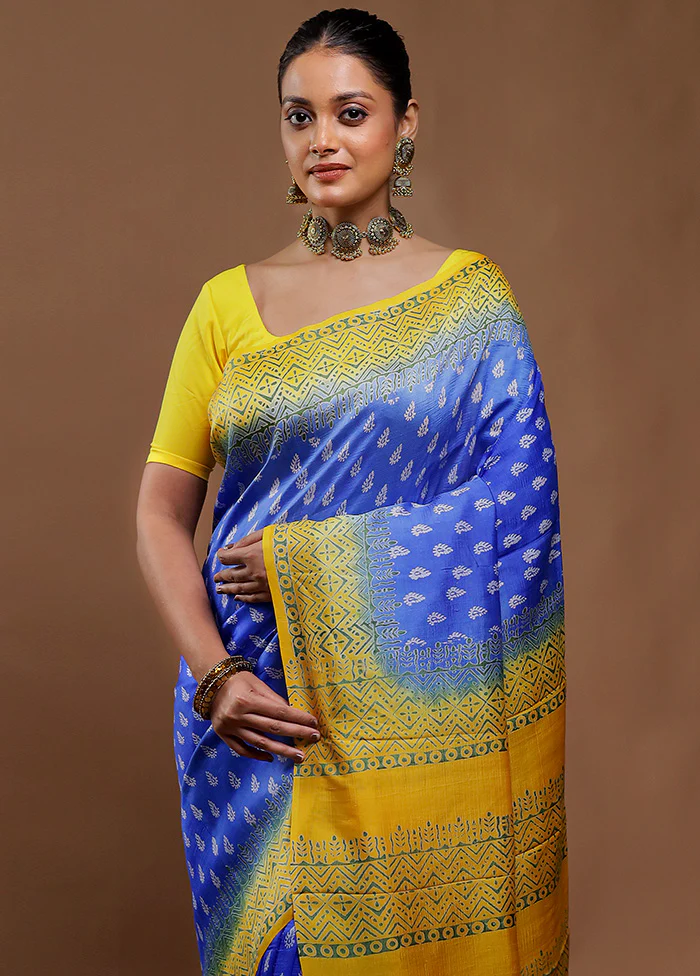 Blue Printed Pure Silk Saree Without Blouse Piece - Image 2