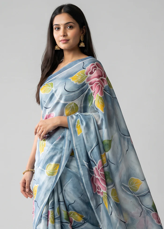 Blue Printed Silk Saree Without Blouse Piece - Image 2